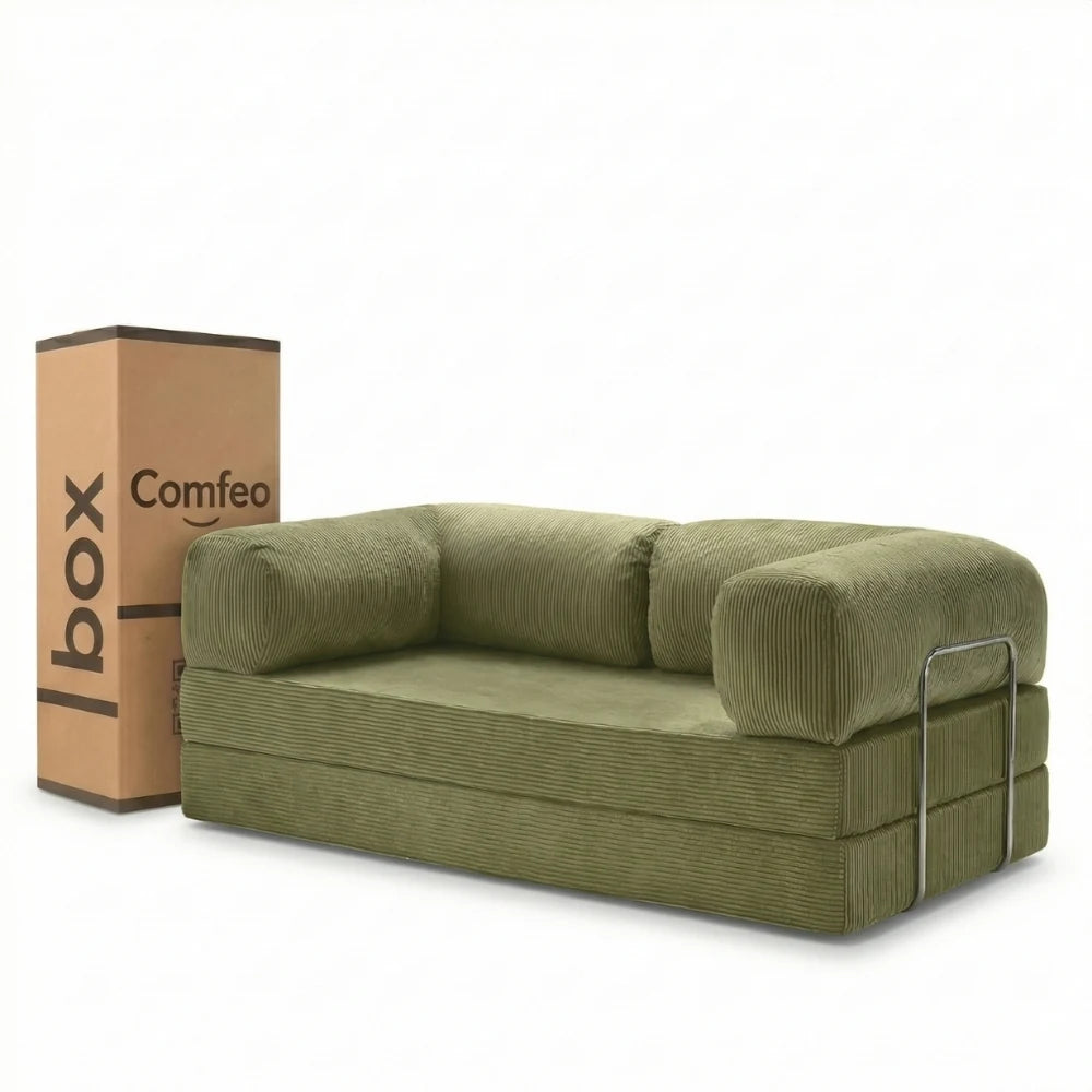 #Olive Canapé lit Nubo olive en velours côtelé, livré compressé dans un seul carton de 108 × 75 × 42 cm