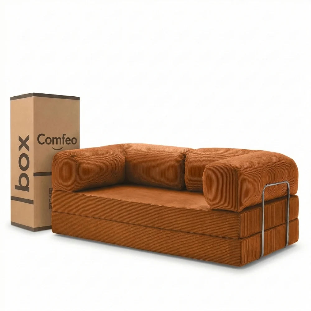 #Orange Canapé lit Nubo orange en velours côtelé, livré compressé dans un seul carton de 108 × 75 × 42 cm