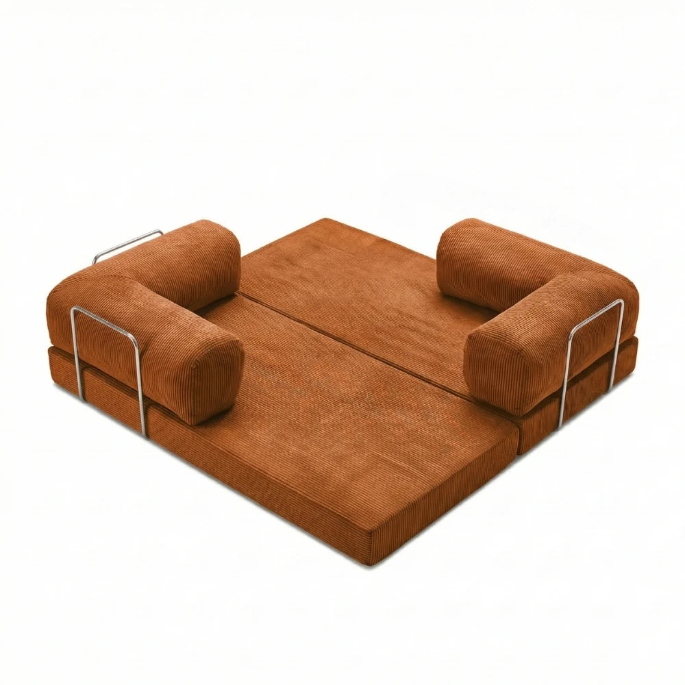 #Orange Canapé lit Nubo orange en position méridienne, dossier repositionnable sans outil