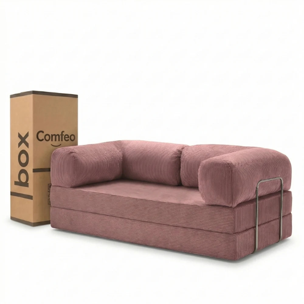 #Rose Canapé lit Nubo rose en velours côtelé, livré compressé dans un seul carton de 108 × 75 × 42 cm