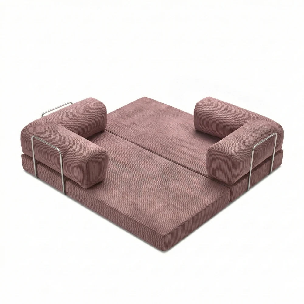 #Rose Canapé lit Nubo rose en position méridienne, dossier repositionnable sans outil