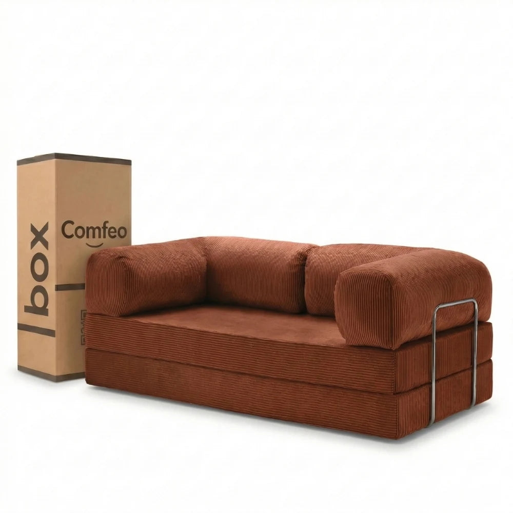 #Rouille Canapé lit Nubo rouille en velours côtelé, livré compressé dans un seul carton de 108 × 75 × 42 cm