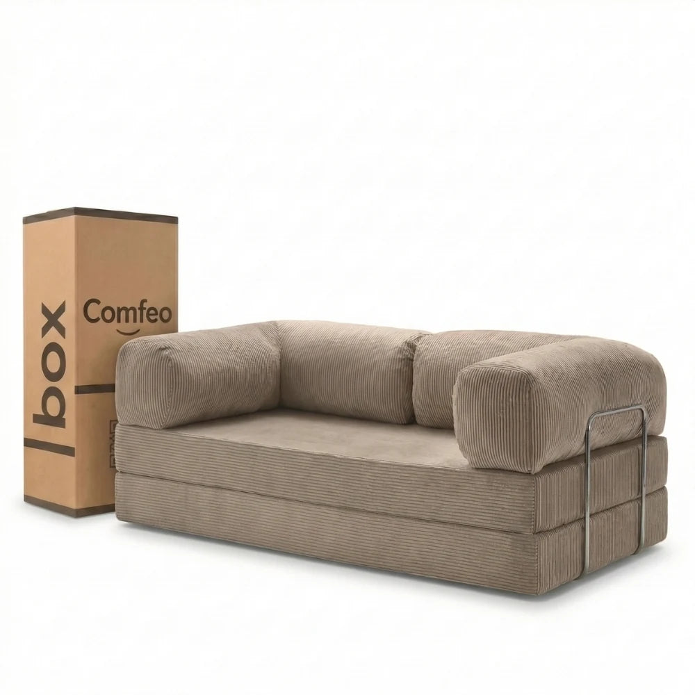 #Sable Canapé lit Nubo sable en velours côtelé, livré compressé dans un seul carton de 108 × 75 × 42 cm