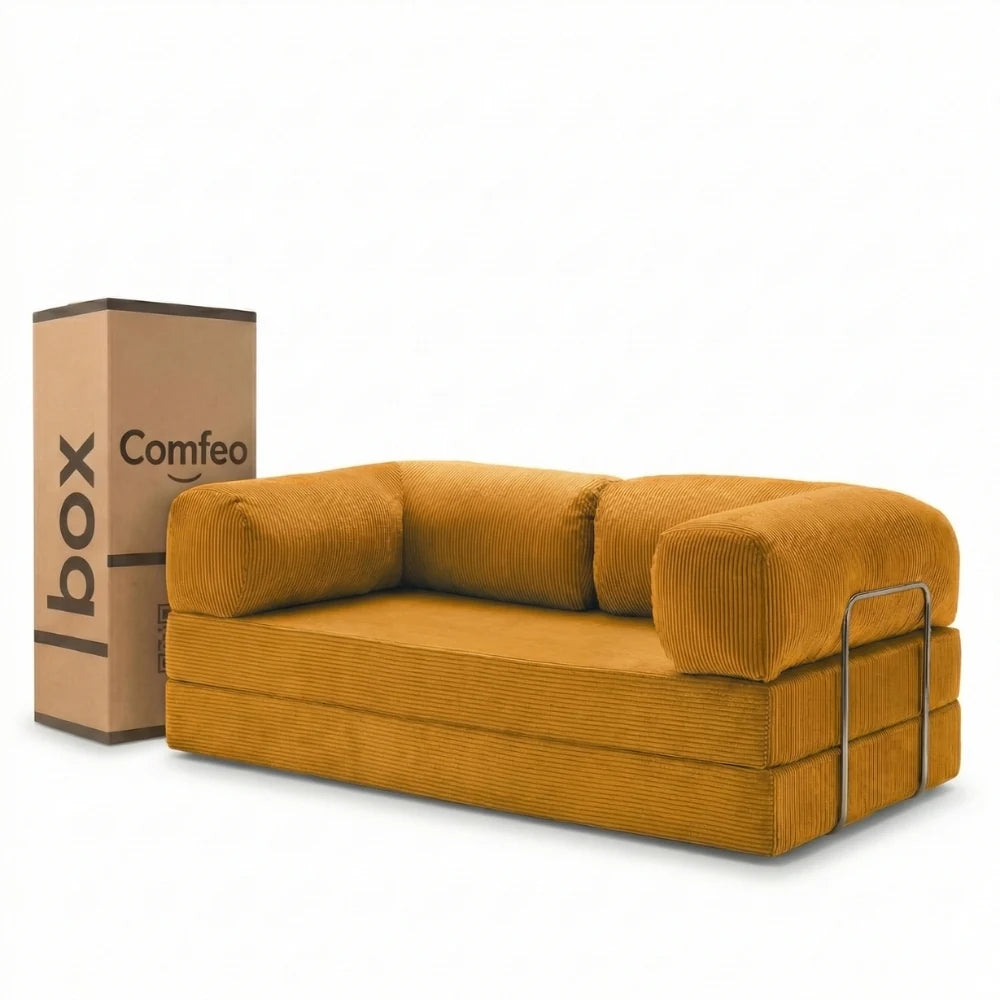 #Safran Canapé lit Nubo safran en velours côtelé, livré compressé dans un seul carton de 108 × 75 × 42 cm