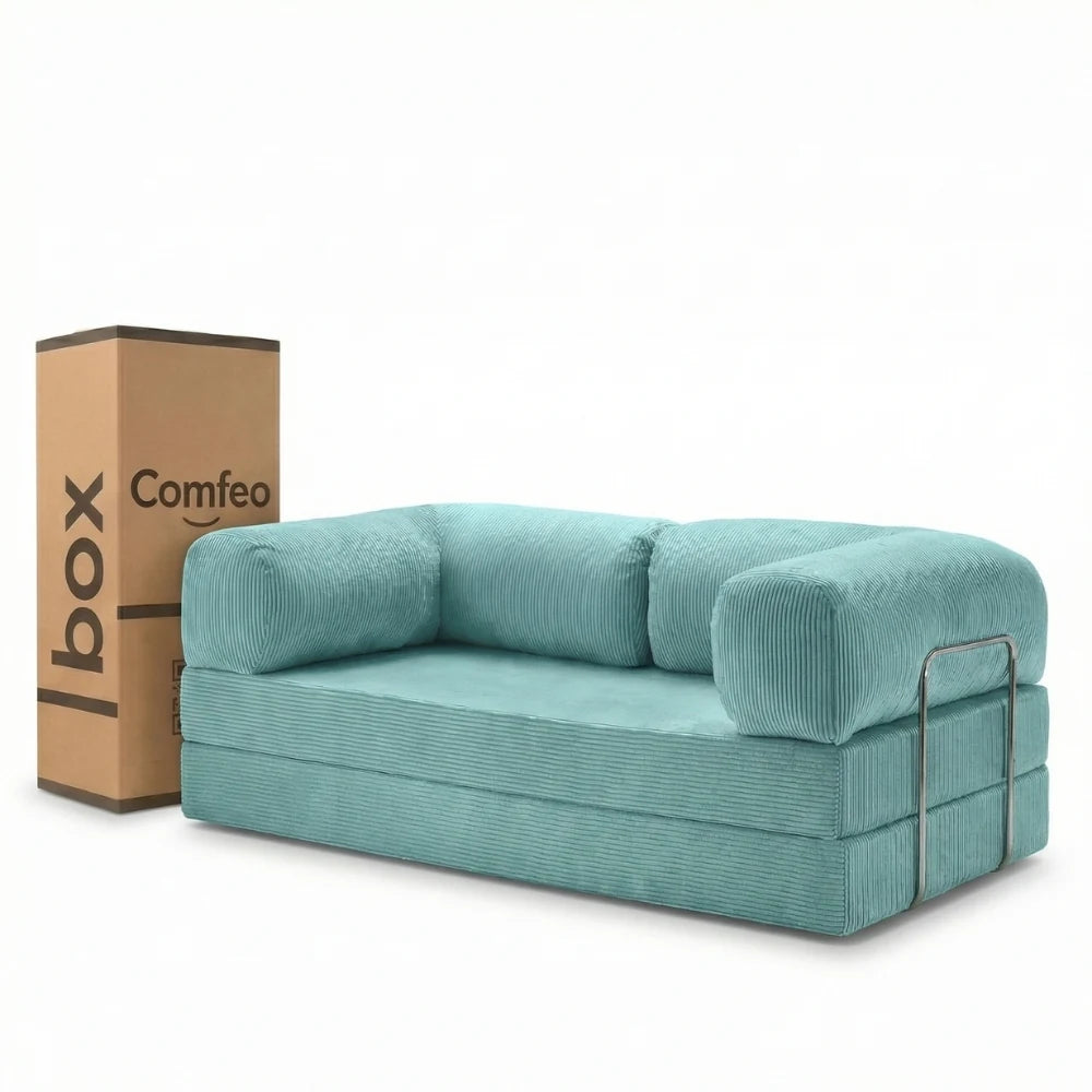 #Turquoise Canapé lit Nubo turquoise en velours côtelé, livré compressé dans un seul carton de 108 × 75 × 42 cm