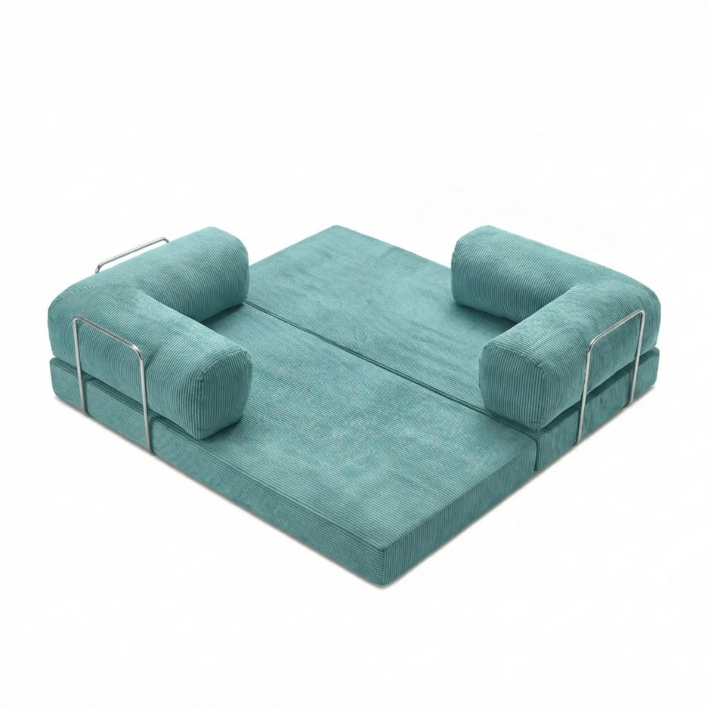 #Turquoise Canapé lit Nubo turquoise en position méridienne, dossier repositionnable sans outil