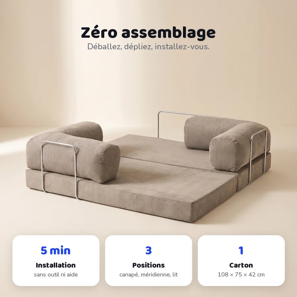 Canapé lit Nubo sans assemblage, installé en 5 minutes sans outil, trois positions, un seul carton