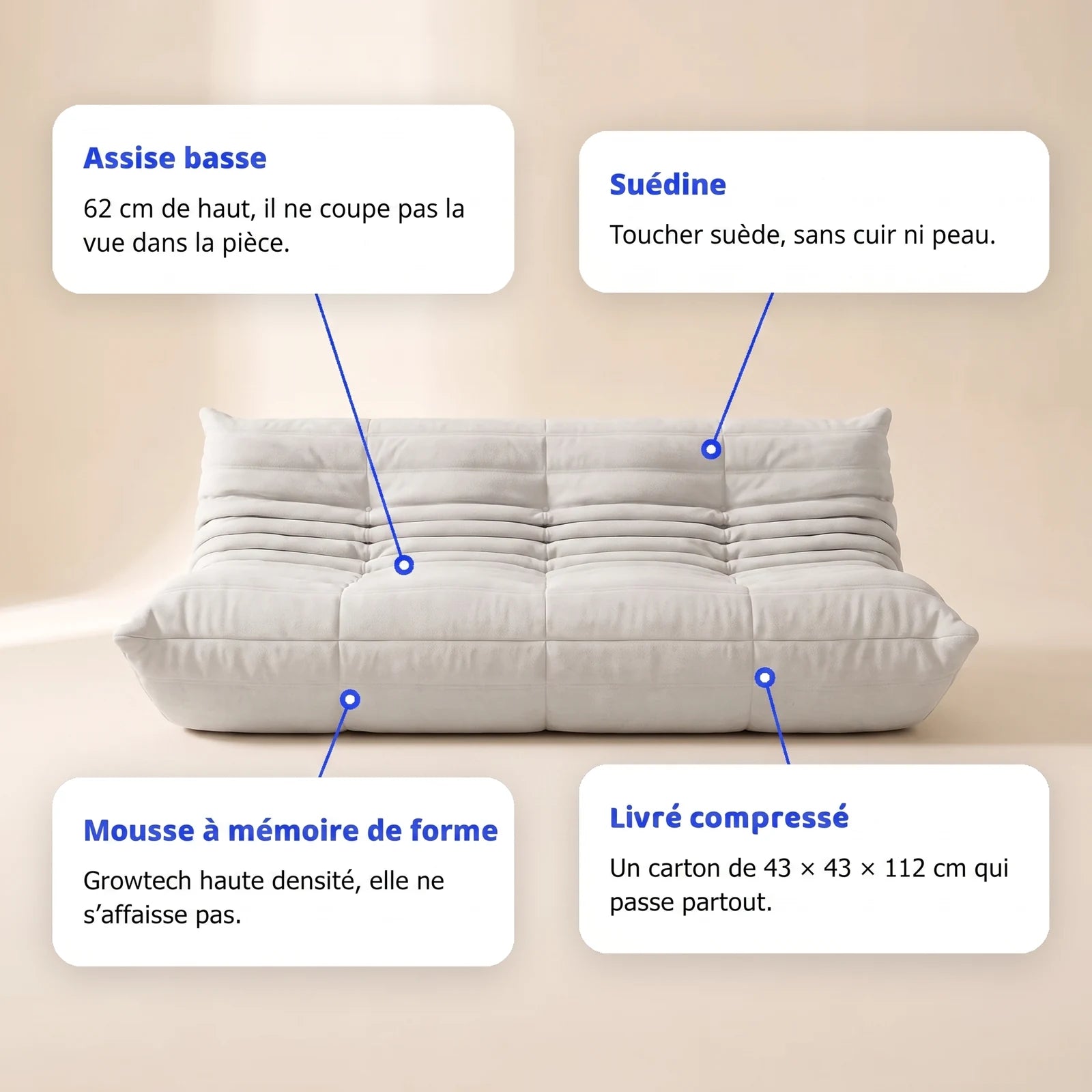 Koto canapé lounge compressé 3 places, vue de profil : assise ferme, silhouette années 70, velours matelassé, livré compressé dans un seul carton