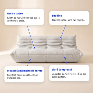 Koto canapé lounge compressé 3 places, vue de profil : assise ferme, silhouette années 70, velours matelassé, livré compressé dans un seul carton