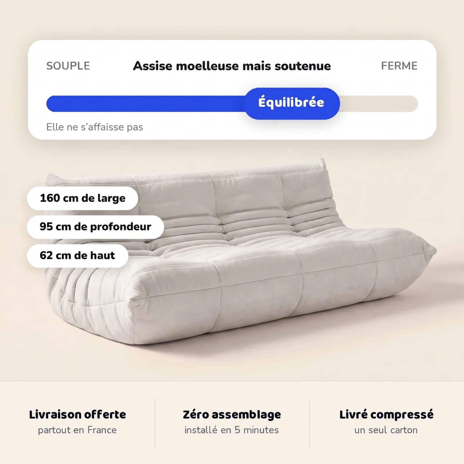 Koto canapé lounge compressé 3 places, vue de face : assise ferme, silhouette années 70, velours matelassé, livré compressé dans un seul carton