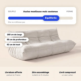 Koto canapé lounge compressé 3 places, vue de face : assise ferme, silhouette années 70, velours matelassé, livré compressé dans un seul carton