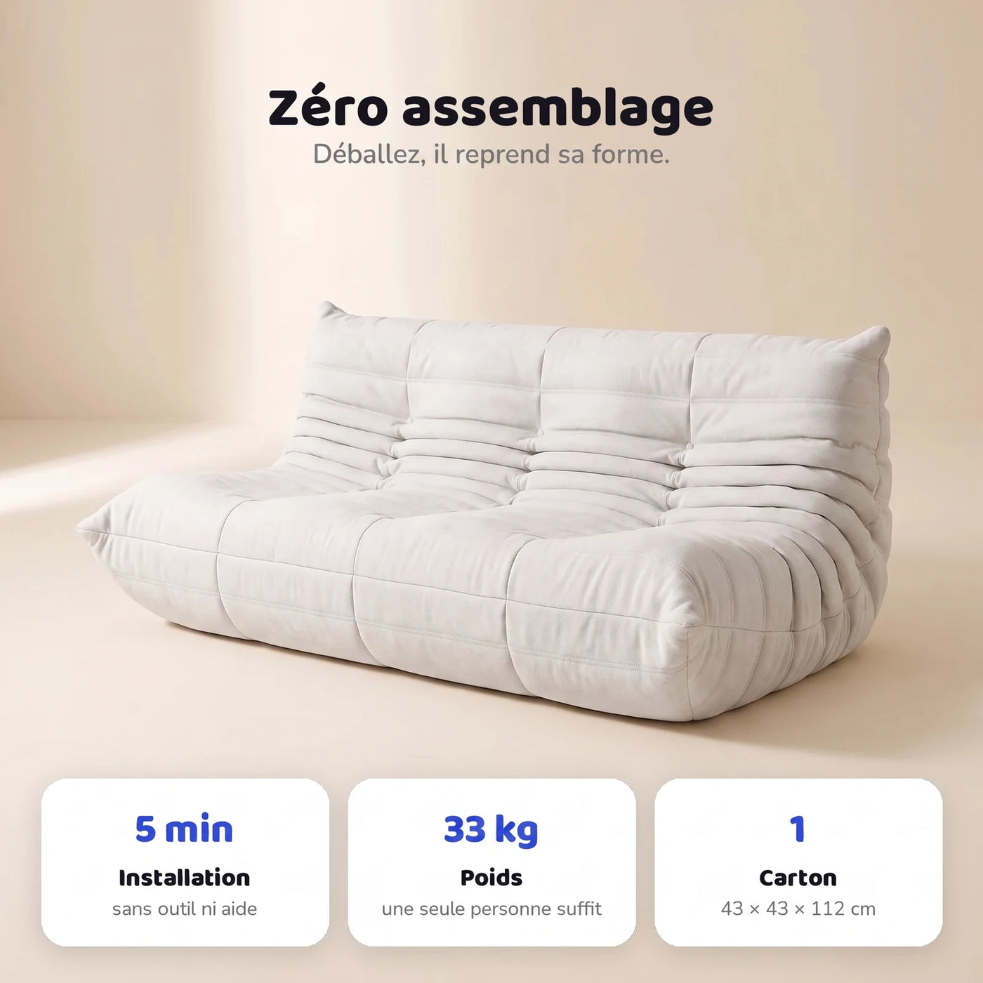 Koto canapé lounge compressé 3 places, détail du matelassage et des coutures : assise ferme, silhouette années 70, velours matelassé, livré compressé dans un seul carton