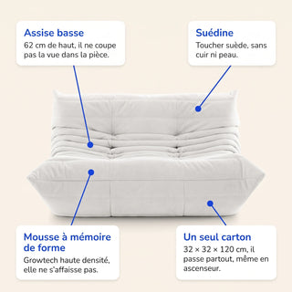 Koto Classic canapé lounge compressé 2 places, vue de profil : assise ferme, ligne années 70, velours matelassé, livré compressé dans un seul carton