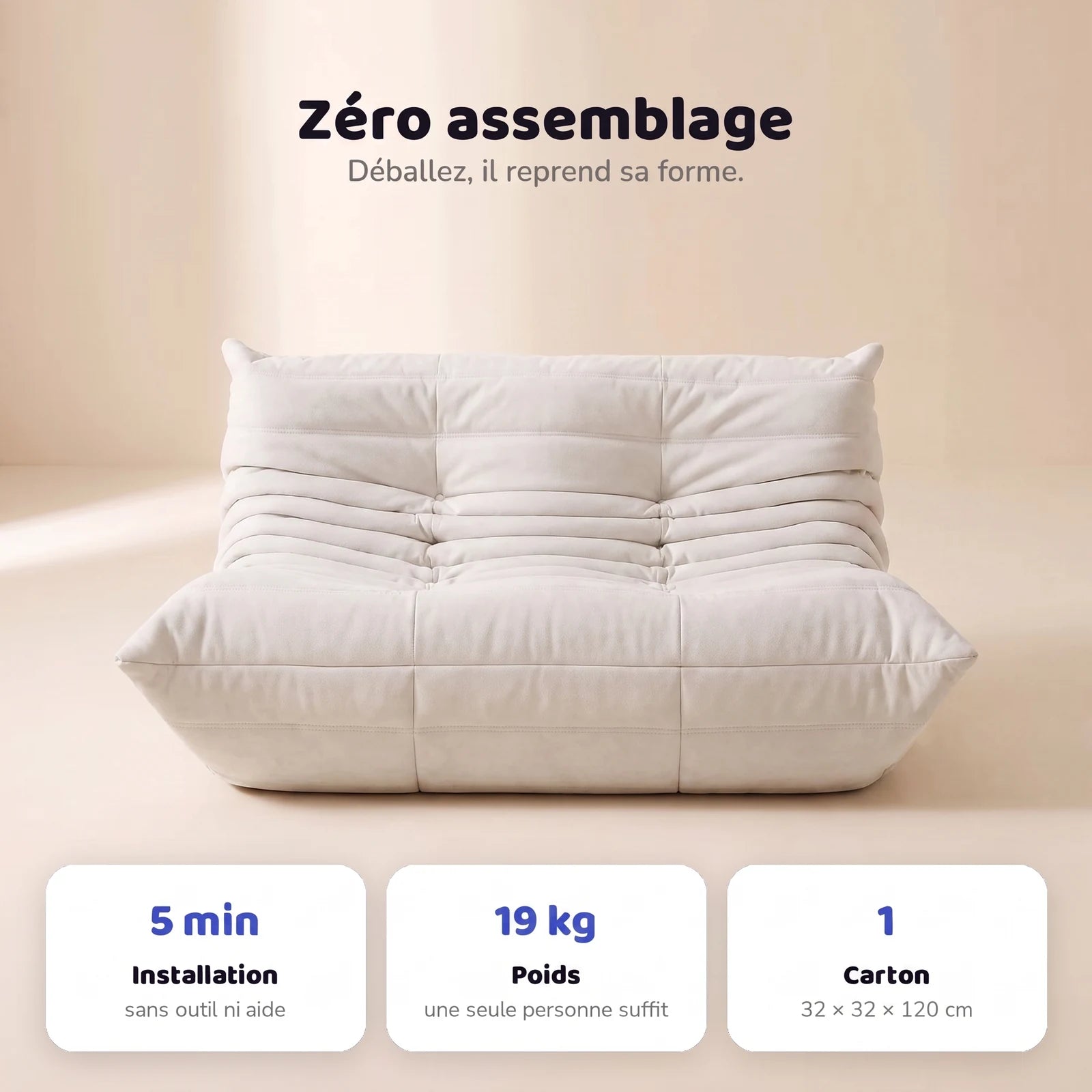 Koto Classic canapé lounge compressé 2 places, détail du matelassage et des coutures : assise ferme, ligne années 70, velours matelassé, livré compressé dans un seul carton