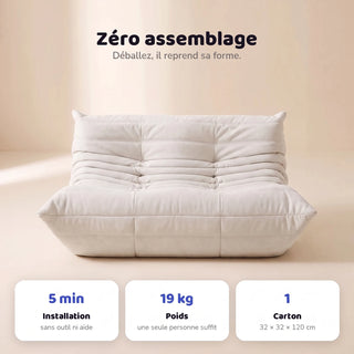Koto Classic canapé lounge compressé 2 places, détail du matelassage et des coutures : assise ferme, ligne années 70, velours matelassé, livré compressé dans un seul carton