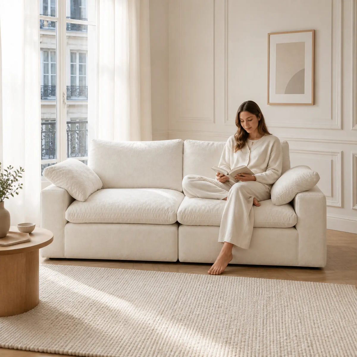 #BlancCrème Canapé nuage Cirrus 2 places blanc crème, installé dans un salon lumineux