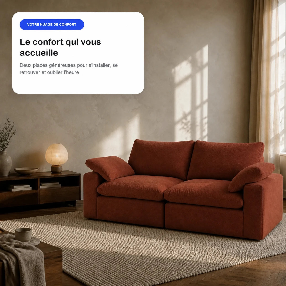 #OrangeTerracotta Canapé nuage Cirrus 2 places orange terracotta, en situation, ambiance détente