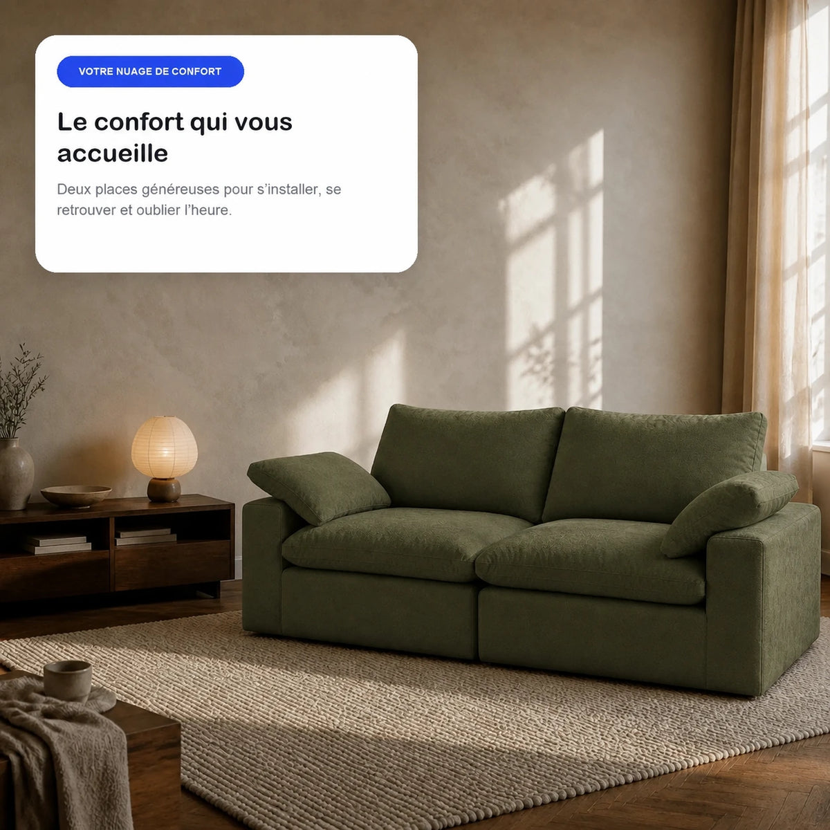#VertKaki Canapé nuage Cirrus 2 places vert kaki, en situation, ambiance détente