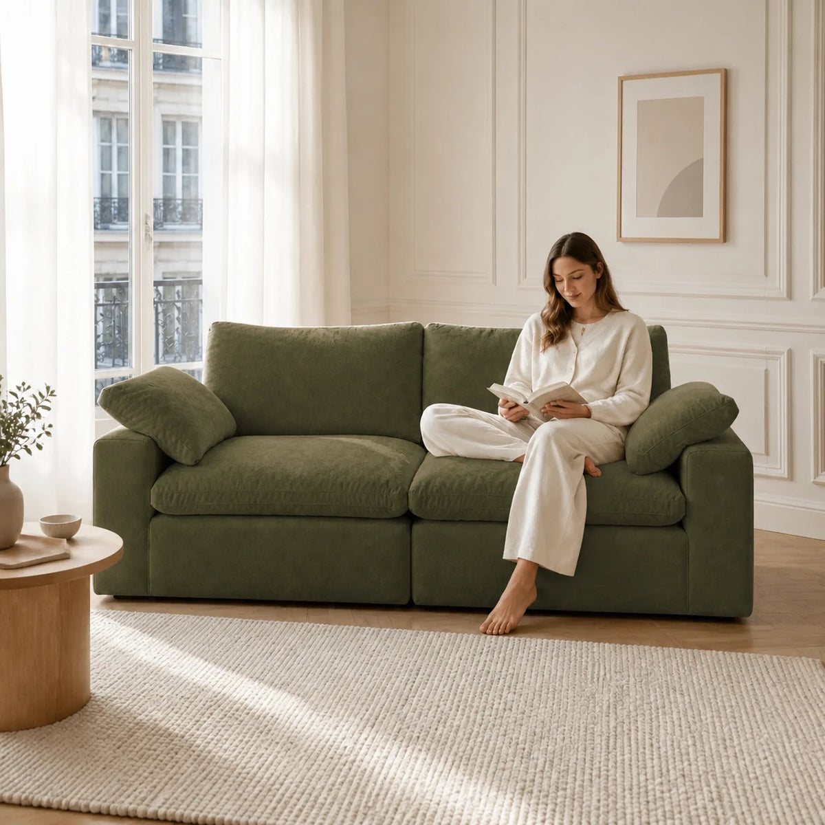 #VertKaki Canapé nuage Cirrus 2 places vert kaki, installé dans un salon lumineux