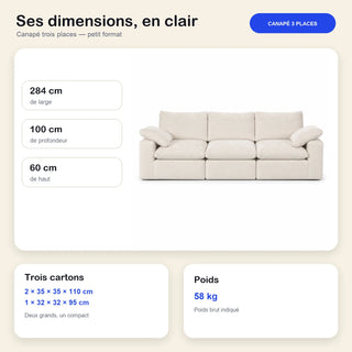 #BlancCrème Canapé nuage Nimbus 3 places blanc crème, dimensions 284 x 100 x 60 cm, 3 cartons, 58 kg