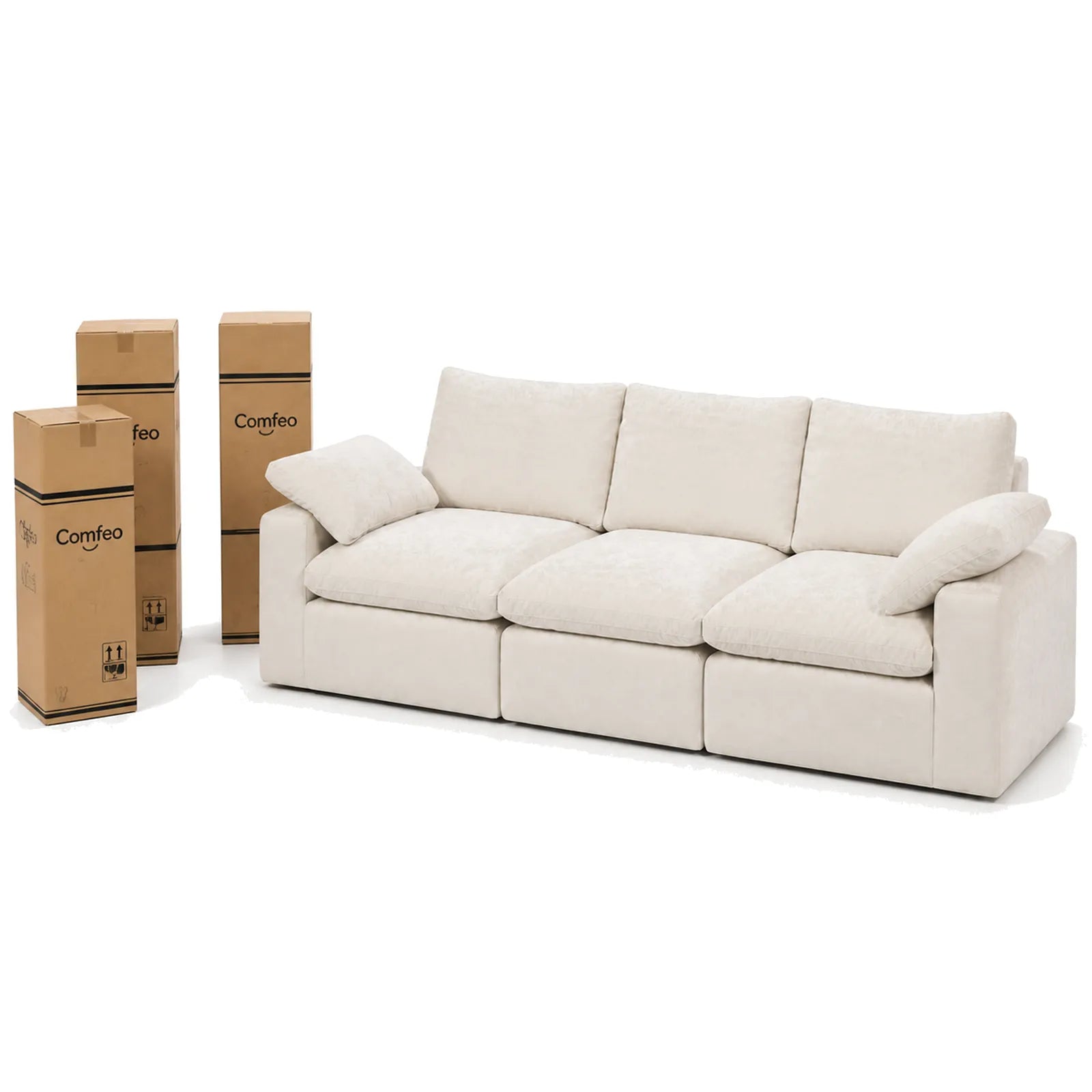 #BlancCrème Canapé nuage Nimbus 3 places blanc crème, livré compressé dans 3 cartons, 2 de 35 x 35 x 110 cm et 1 de 32 x 32 x 95 cm