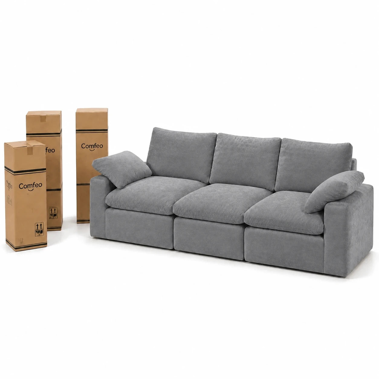 #Gris Canapé nuage Nimbus 3 places gris, livré compressé dans 3 cartons, 2 de 35 x 35 x 110 cm et 1 de 32 x 32 x 95 cm