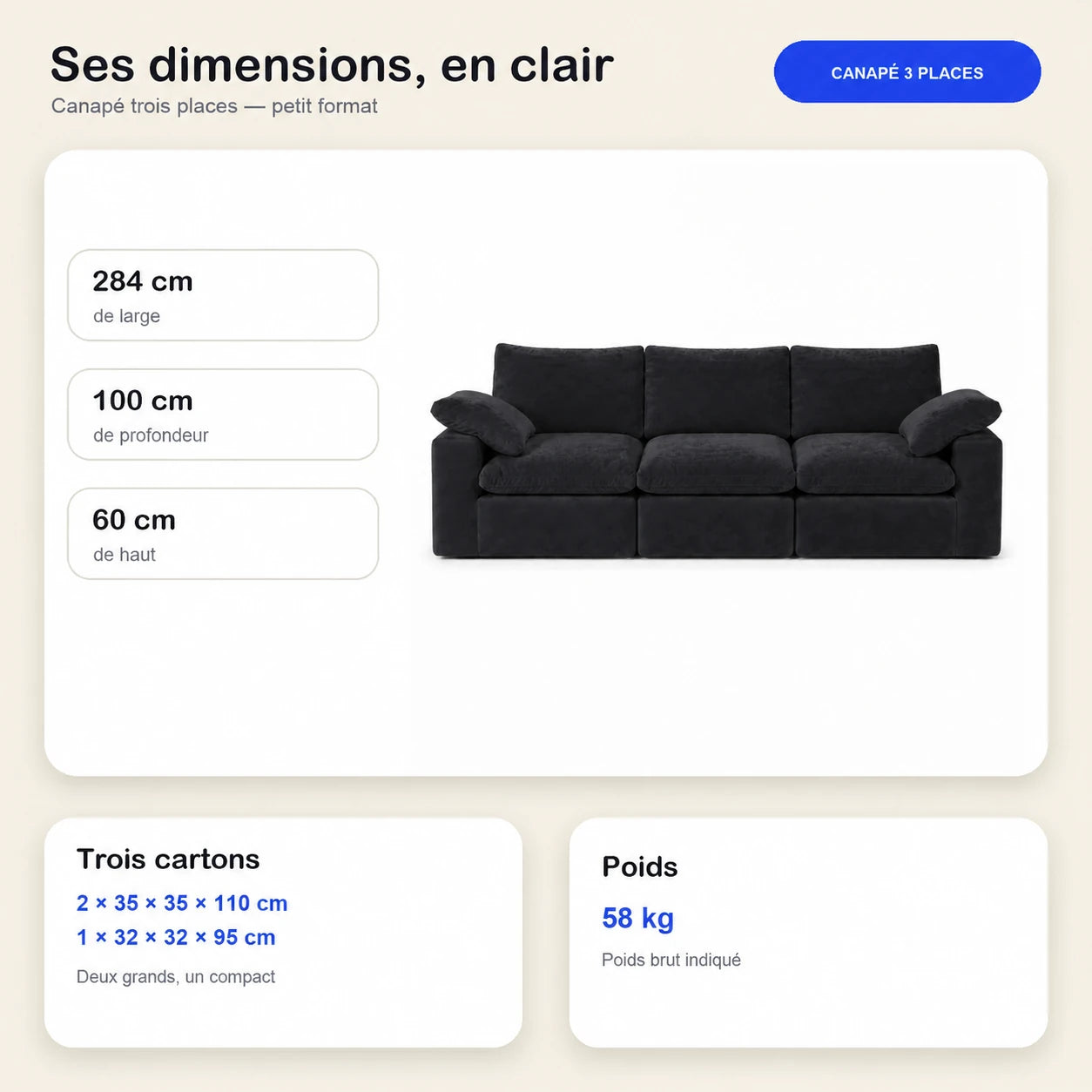 #Noir Canapé nuage Nimbus 3 places noir, dimensions 284 x 100 x 60 cm, 3 cartons, 58 kg