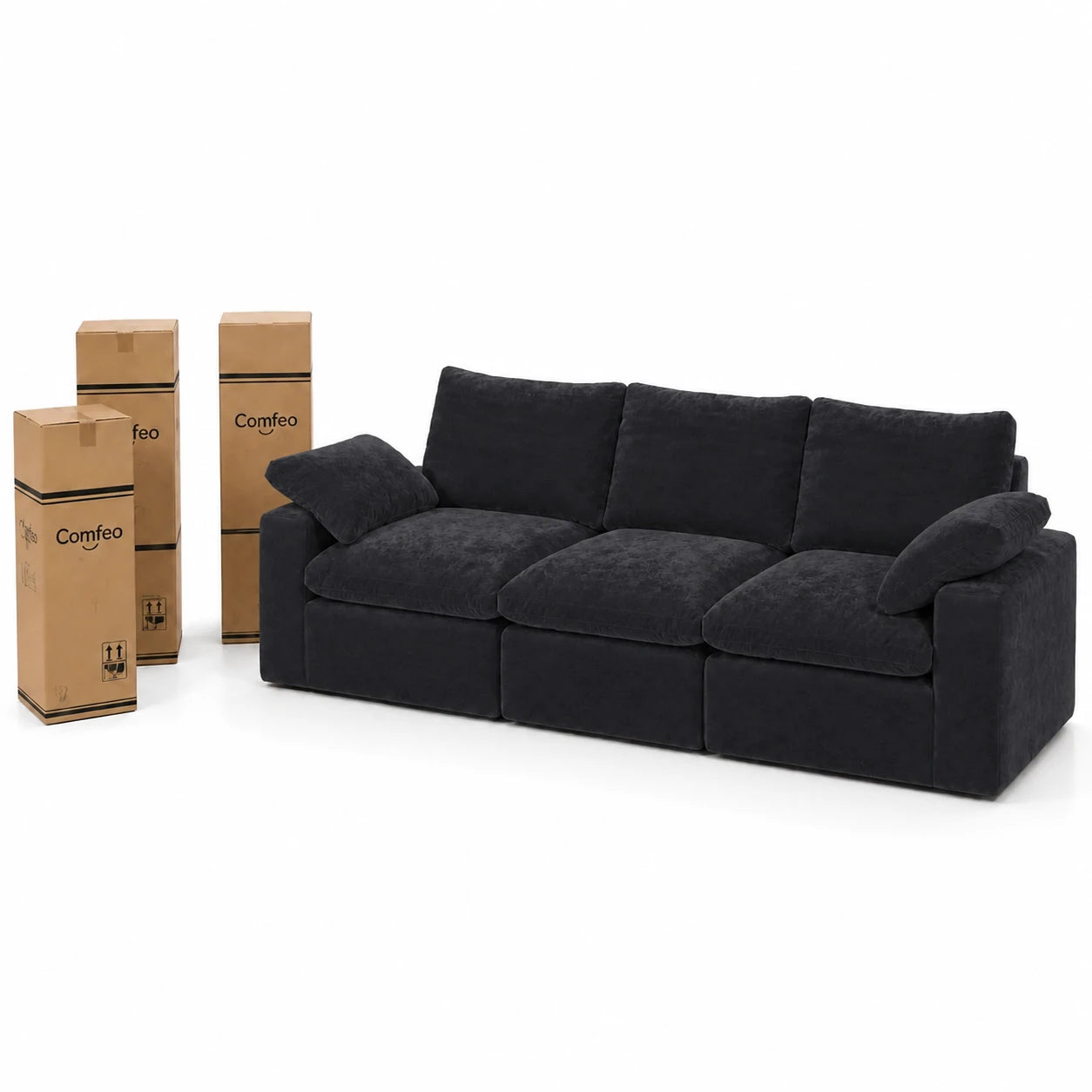 #Noir Canapé nuage Nimbus 3 places noir, livré compressé dans 3 cartons, 2 de 35 x 35 x 110 cm et 1 de 32 x 32 x 95 cm