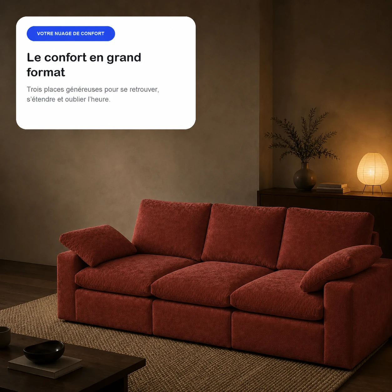 #OrangeTerracotta Canapé nuage Nimbus 3 places orange terracotta, en situation, ambiance détente