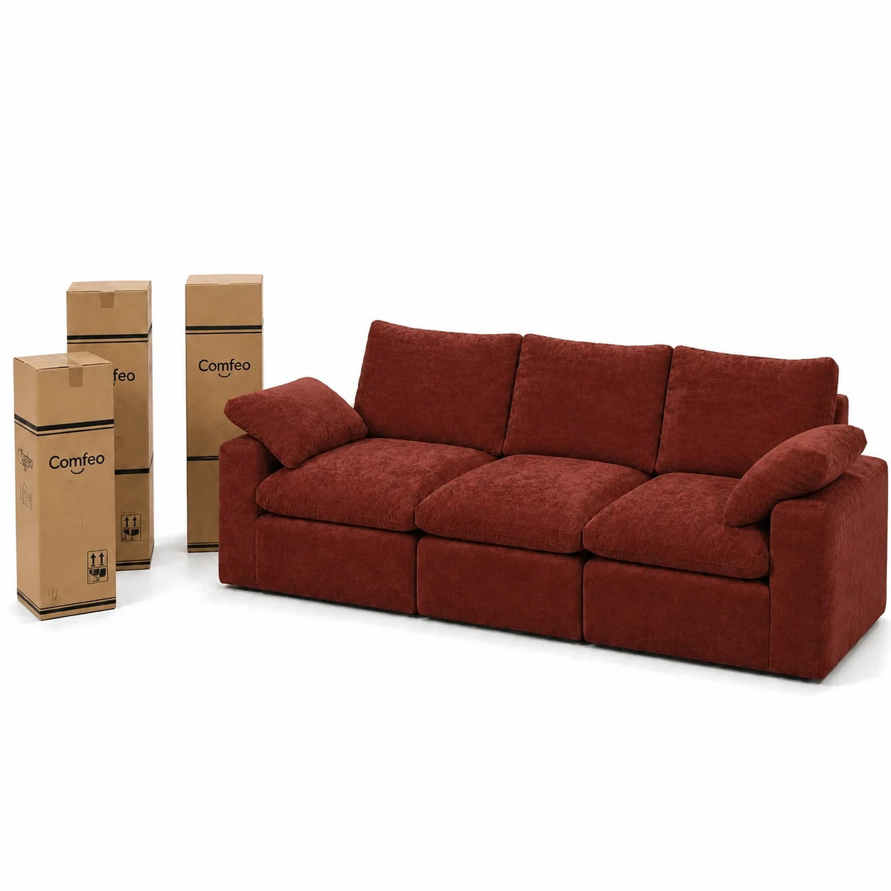 #OrangeTerracotta Canapé nuage Nimbus 3 places orange terracotta, livré compressé dans 3 cartons, 2 de 35 x 35 x 110 cm et 1 de 32 x 32 x 95 cm