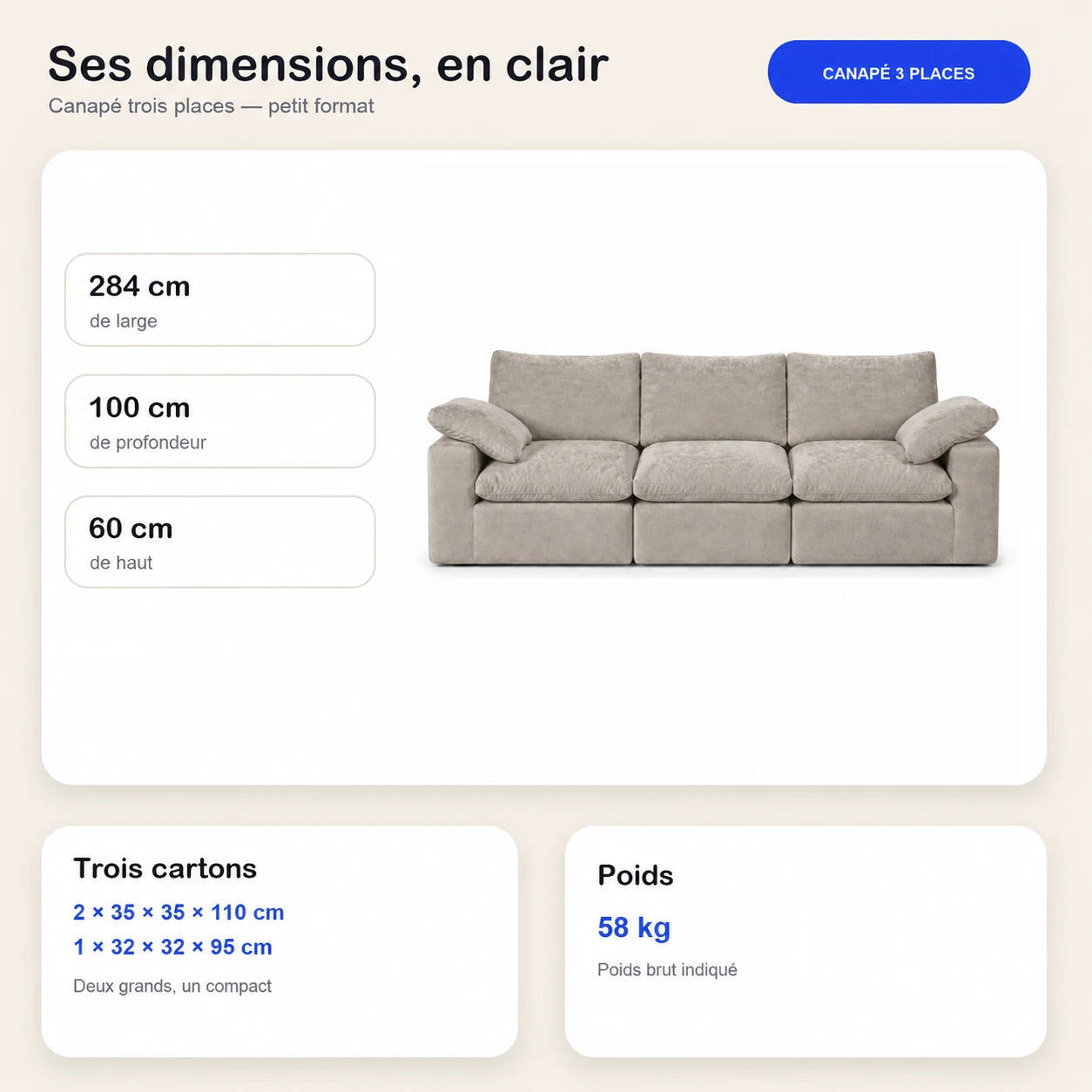 #Sable Canapé nuage Nimbus 3 places sable, dimensions 284 x 100 x 60 cm, 3 cartons, 58 kg