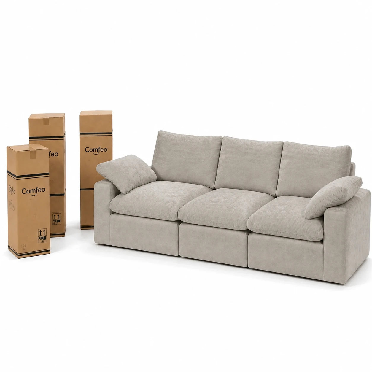 #Sable Canapé nuage Nimbus 3 places sable, livré compressé dans 3 cartons, 2 de 35 x 35 x 110 cm et 1 de 32 x 32 x 95 cm