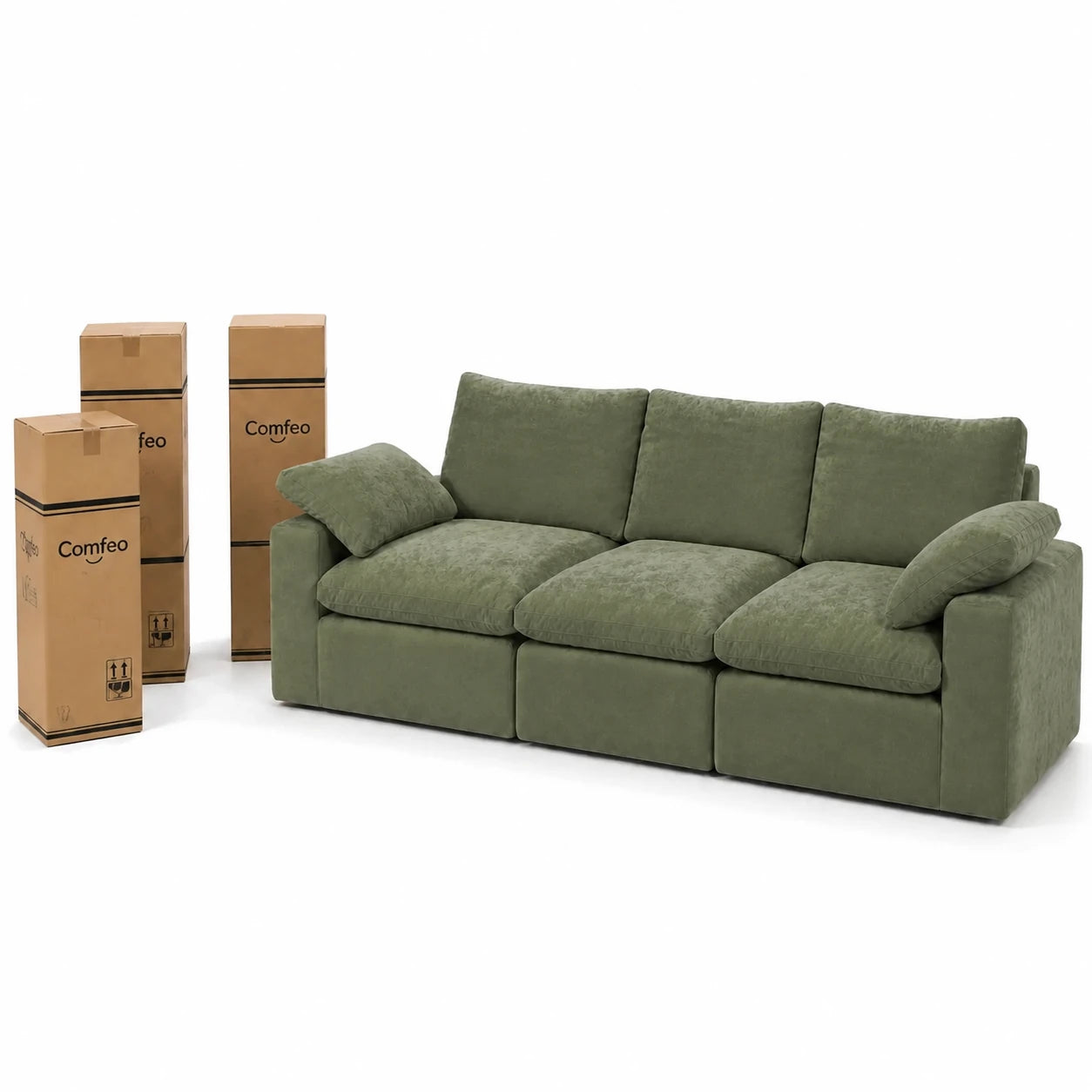 #VertKaki Canapé nuage Nimbus 3 places vert kaki, livré compressé dans 3 cartons, 2 de 35 x 35 x 110 cm et 1 de 32 x 32 x 95 cm