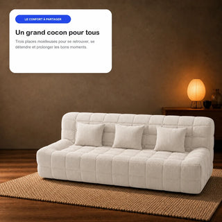 #BlancCrème Canapé Waffle matelassé 3 places blanc crème, en situation, ambiance détente