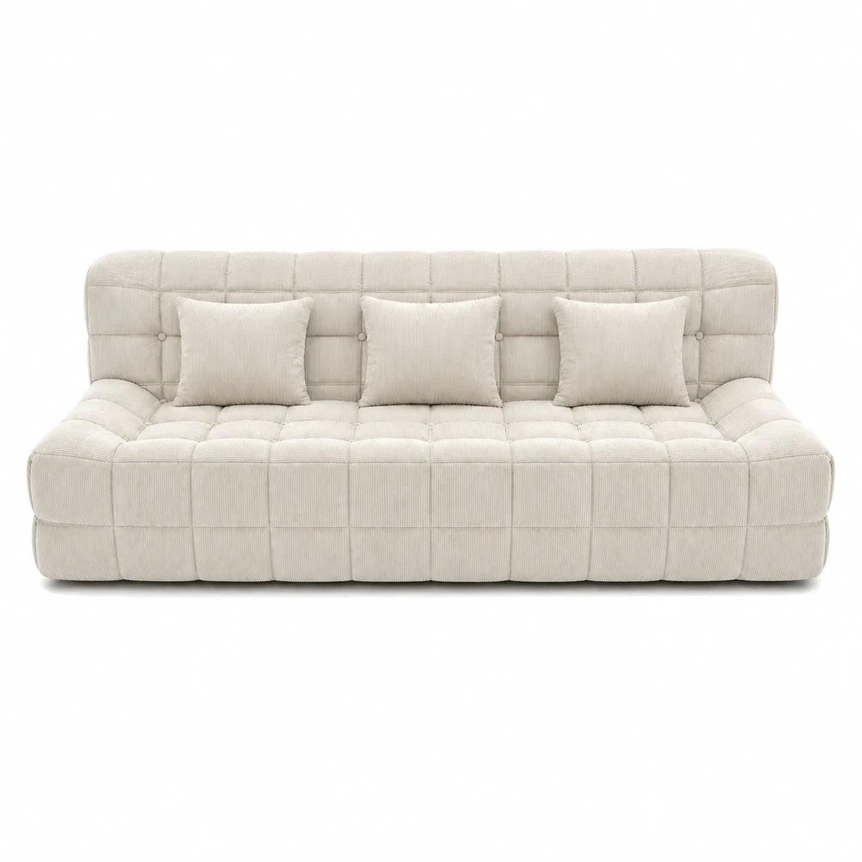 #BlancCrème Canapé Waffle matelassé 3 places blanc crème, vue de face, assise basse et matelassage en damier