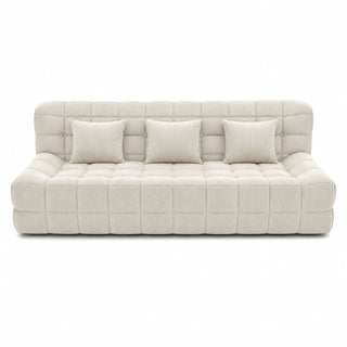 #BlancCrème Canapé Waffle matelassé 3 places blanc crème, vue de face, assise basse et matelassage en damier