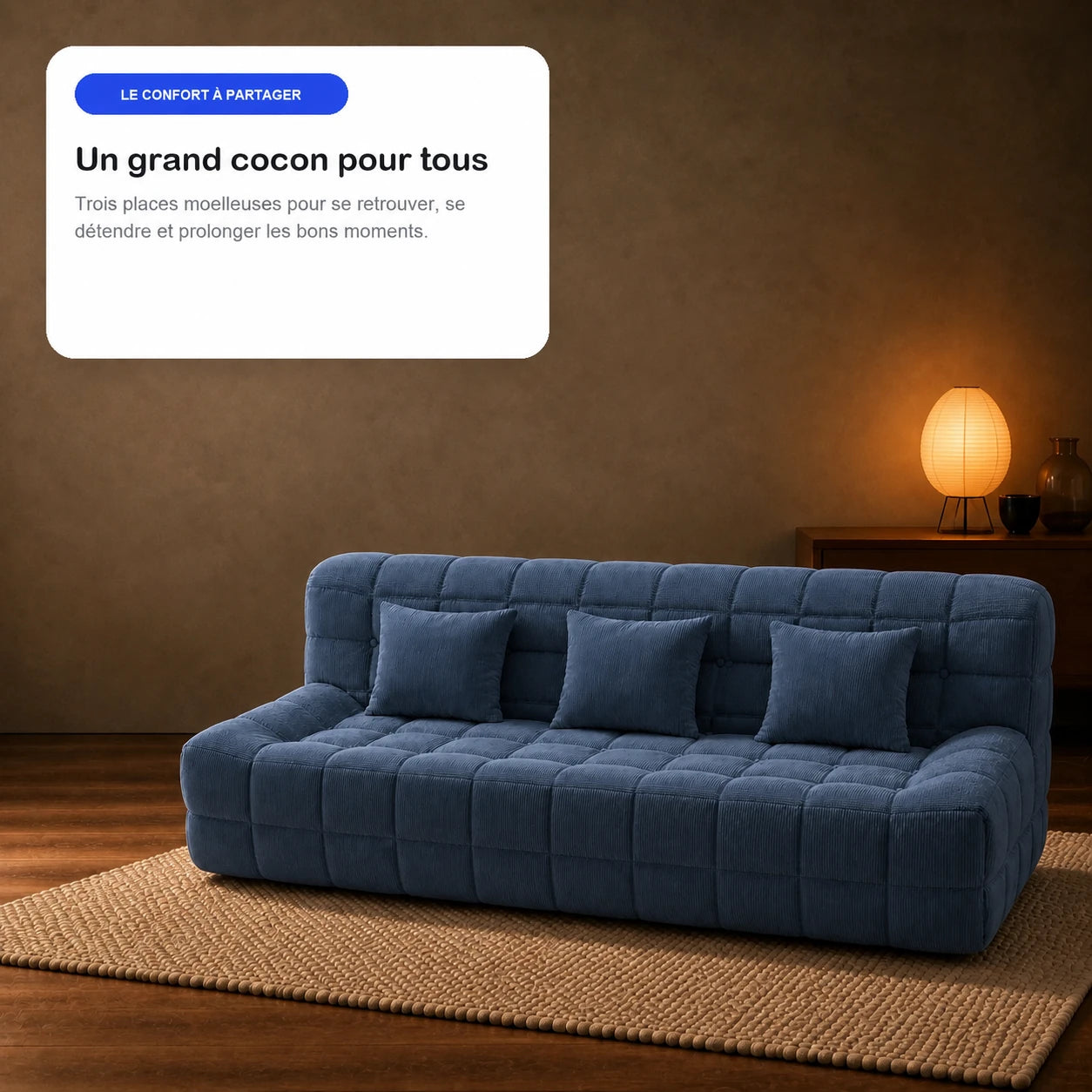 #BleuDenim Canapé Waffle matelassé 3 places bleu denim, en situation, ambiance détente