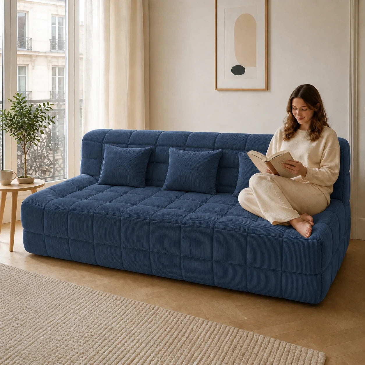 #BleuDenim Canapé Waffle matelassé 3 places bleu denim, installé dans un salon lumineux