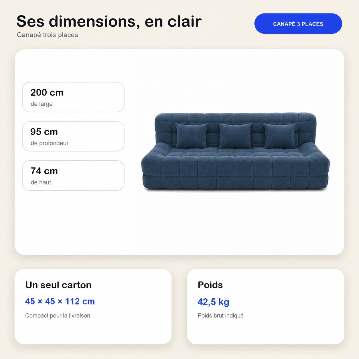 #BleuDenim Canapé Waffle matelassé 3 places bleu denim, dimensions 200 x 95 x 74 cm, carton de 45 x 45 x 112 cm, 42,5 kg