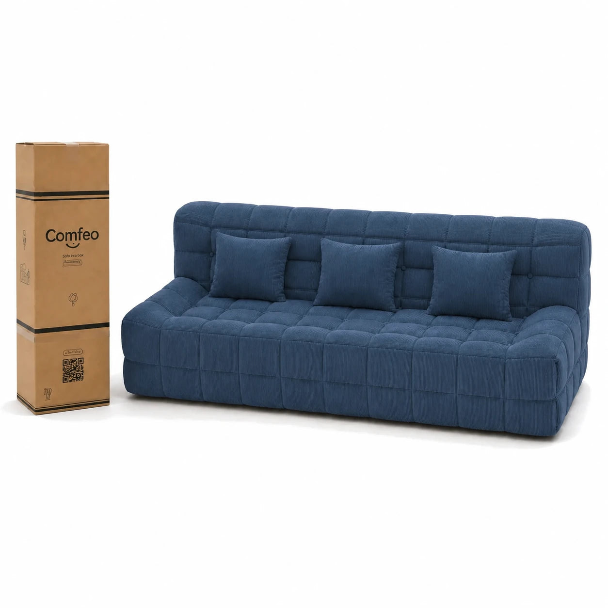#BleuDenim Canapé Waffle matelassé 3 places bleu denim, livré compressé dans un seul carton de 45 x 45 x 112 cm