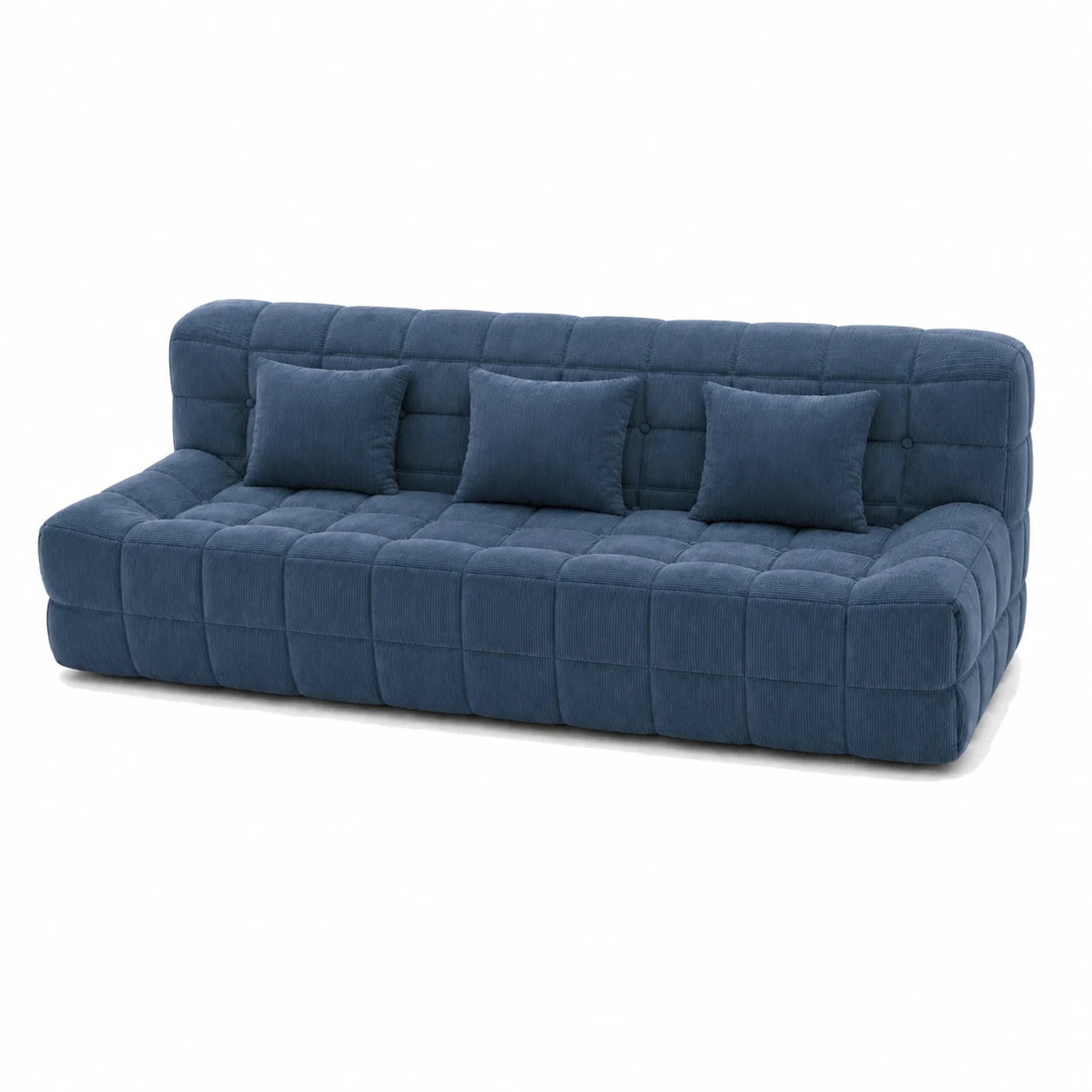 #BleuDenim Canapé Waffle matelassé 3 places bleu denim, vue de trois quarts droite