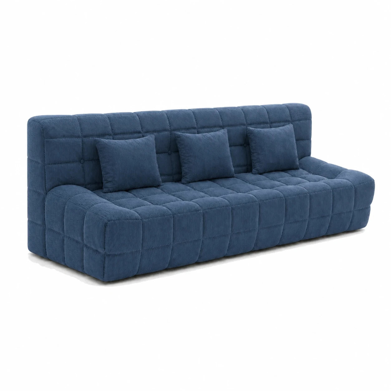 #BleuDenim Canapé Waffle matelassé 3 places bleu denim, vue de trois quarts gauche