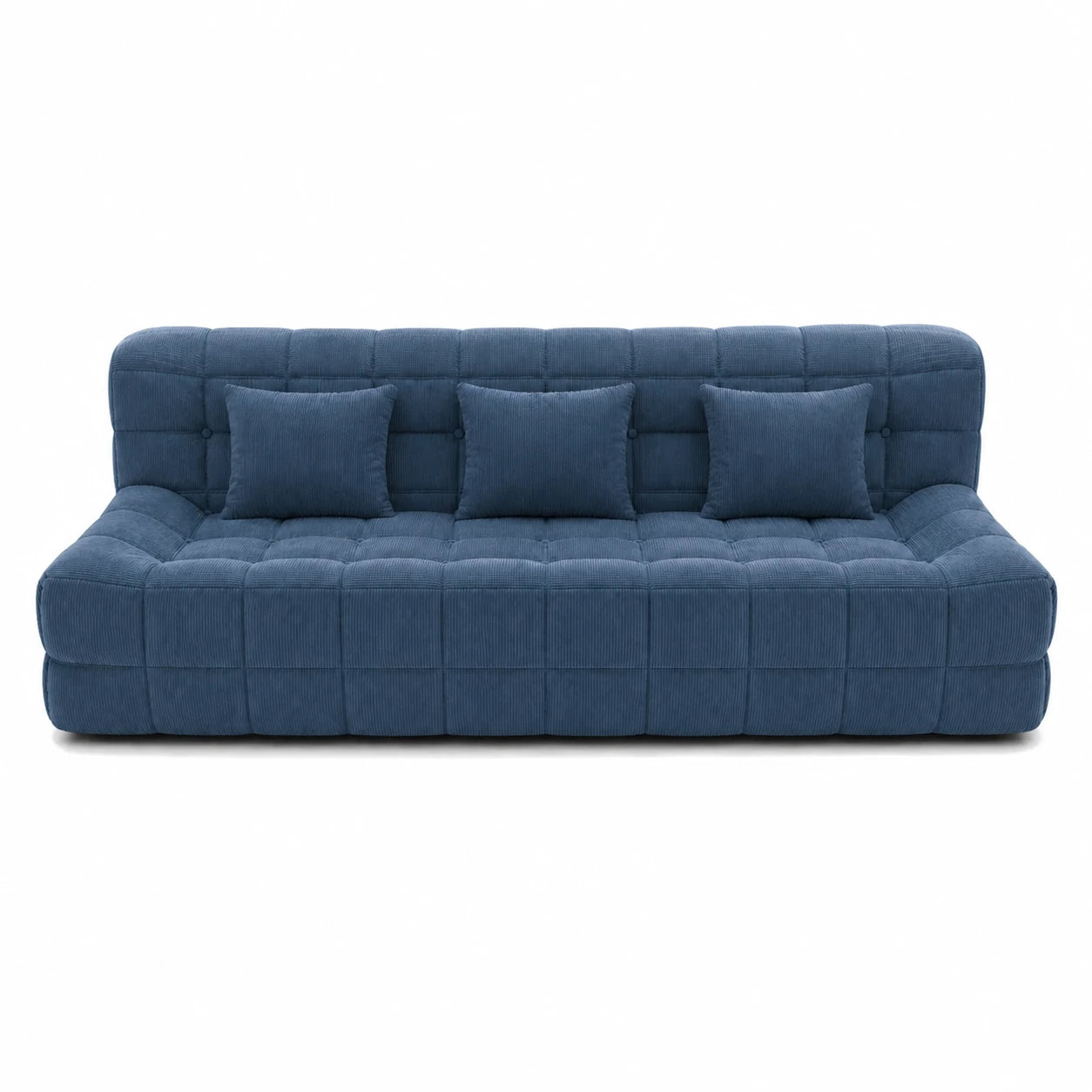#BleuDenim Canapé Waffle matelassé 3 places bleu denim, vue de face, assise basse et matelassage en damier