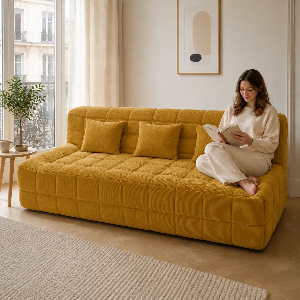 #JauneMoutarde Canapé Waffle matelassé 3 places jaune moutarde, installé dans un salon lumineux