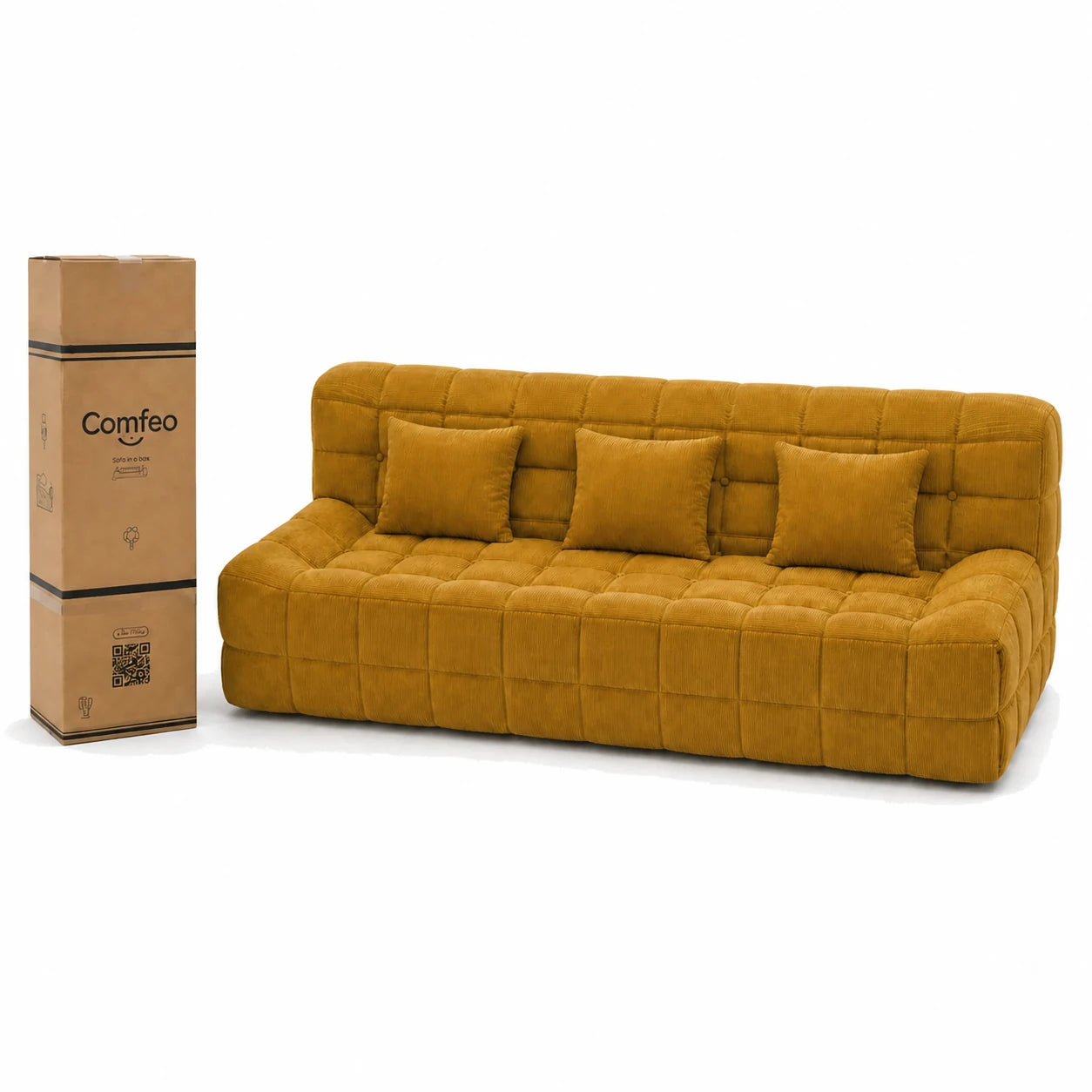 #JauneMoutarde Canapé Waffle matelassé 3 places jaune moutarde, livré compressé dans un seul carton de 45 x 45 x 112 cm