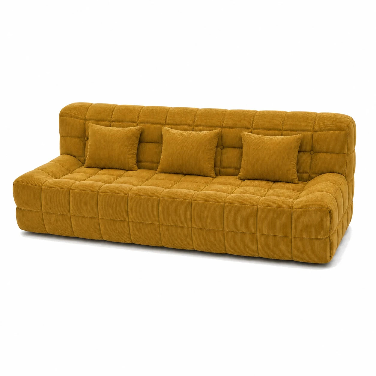 #JauneMoutarde Canapé Waffle matelassé 3 places jaune moutarde, vue de trois quarts droite