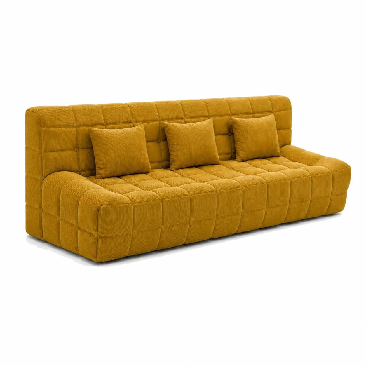 #JauneMoutarde Canapé Waffle matelassé 3 places jaune moutarde, vue de trois quarts gauche