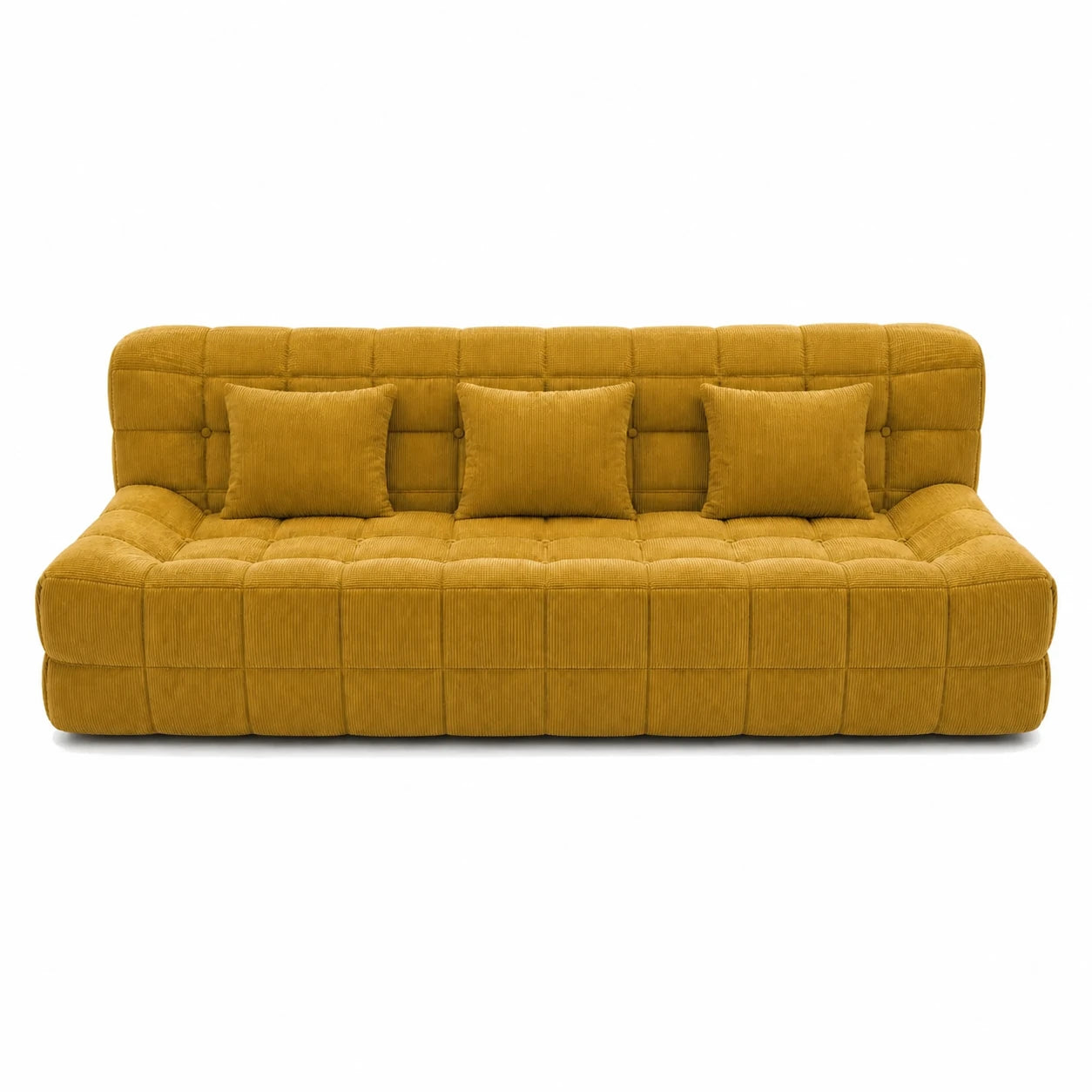 #JauneMoutarde Canapé Waffle matelassé 3 places jaune moutarde, vue de face, assise basse et matelassage en damier