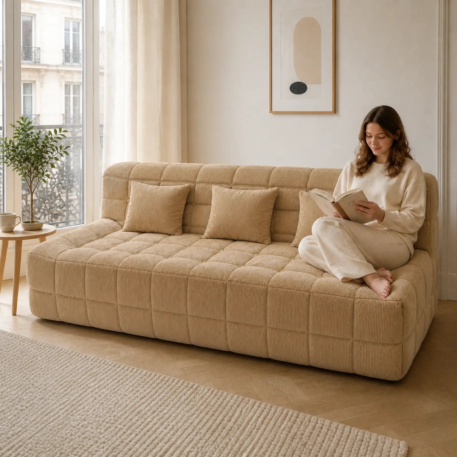 #MarronSable Canapé Waffle matelassé 3 places marron sable, installé dans un salon lumineux