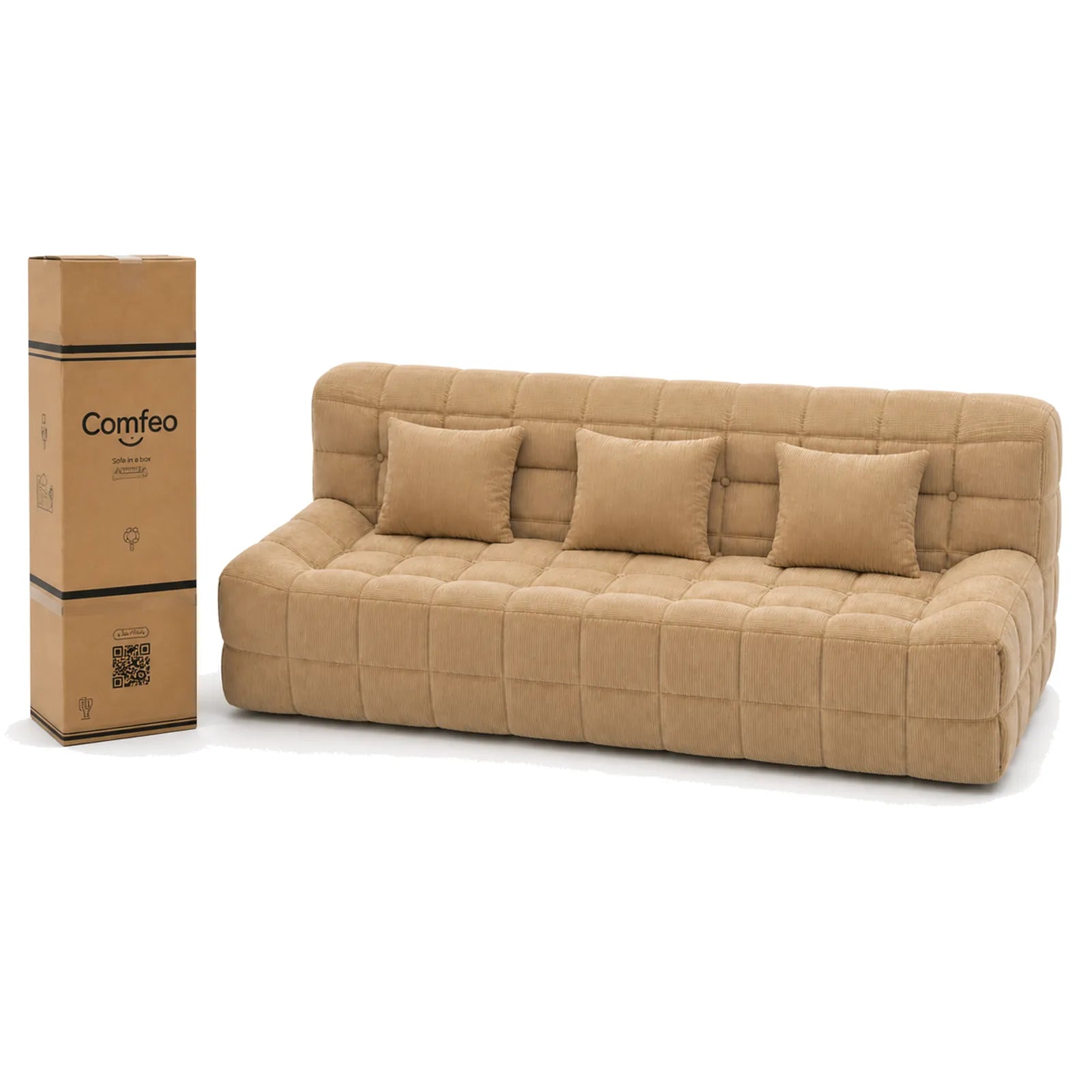 #MarronSable Canapé Waffle matelassé 3 places marron sable, livré compressé dans un seul carton de 45 x 45 x 112 cm